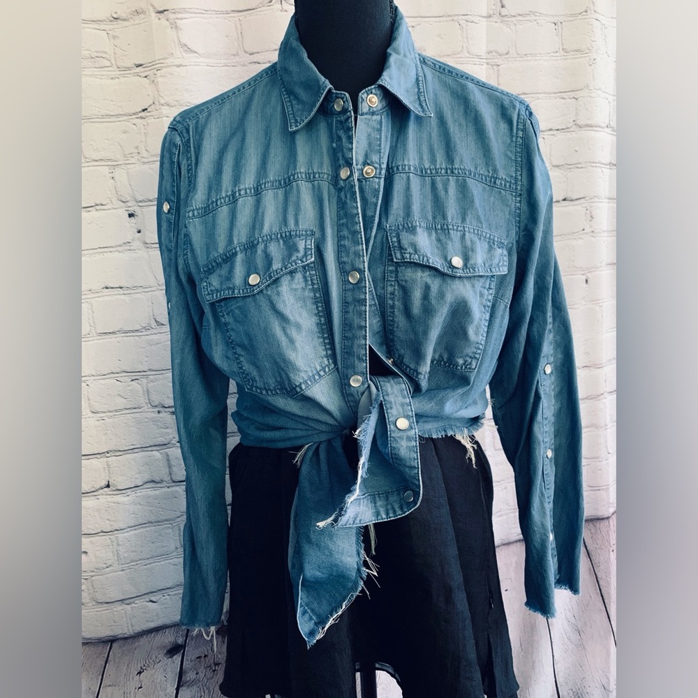 Chambray Blue Snap Button Down Shirt with Raw Hem - Picture 6 of 6